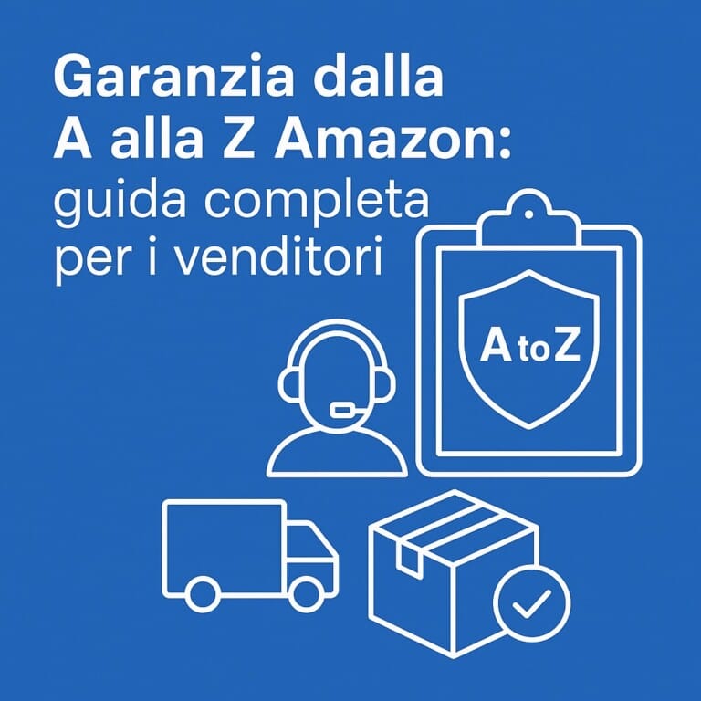 Guida completa alla garanzia dalla a alla z Amazon per venditori, con illustrazione di un pacco consegnato e icone che rappresentano reclami, spedizioni e assistenza clienti.