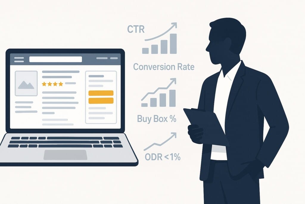 Illustrazione della Buy Box di Amazon con venditore professionale che analizza metriche e strategie