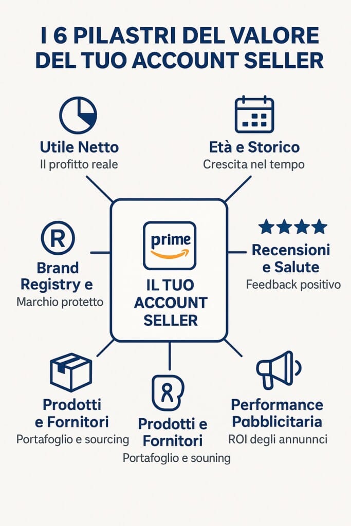 Infografica che mostra i 6 pilastri del valore per vendere un account seller Amazon: Utile Netto, Età, Recensioni, Brand Registry, Prodotti e Pubblicità.