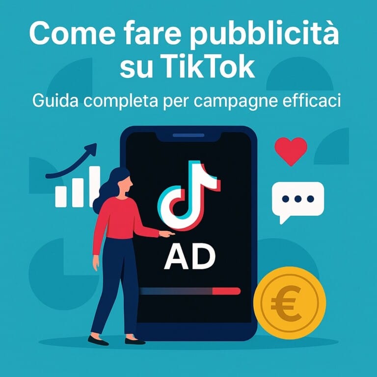 Guida Completa Pubblicità su TikTok 4 Illustrazione di una donna che gestisce una campagna pubblicitaria su TikTok tramite smartphone, con grafici di crescita e simboli di marketing digitale.