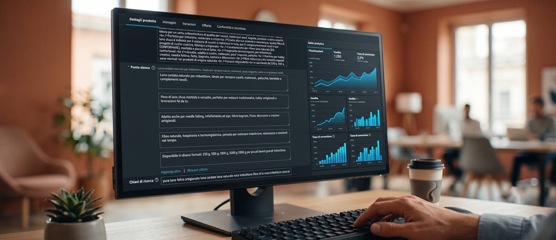 Gestione Account Amazon 10 Monitor con scheda prodotto compilata e pannello analitico con vendite e tasso di conversione in crescita
