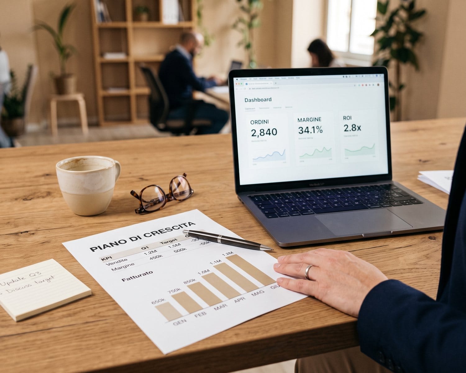 Quanto costa un'agenzia Amazon nel 2026 1 Scrivania con piano di crescita stampato, grafico del fatturato e dashboard con ordini, margine e ROI