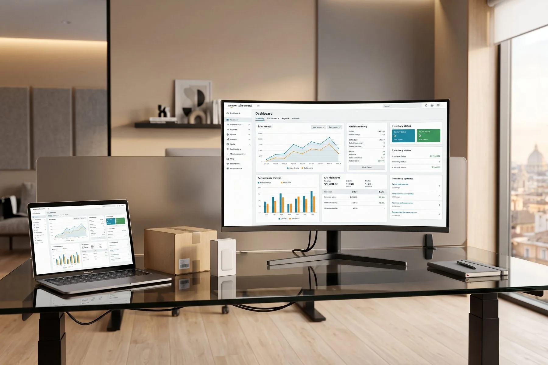 Account manager di Marche Web Marketing analizza una dashboard di vendita Amazon